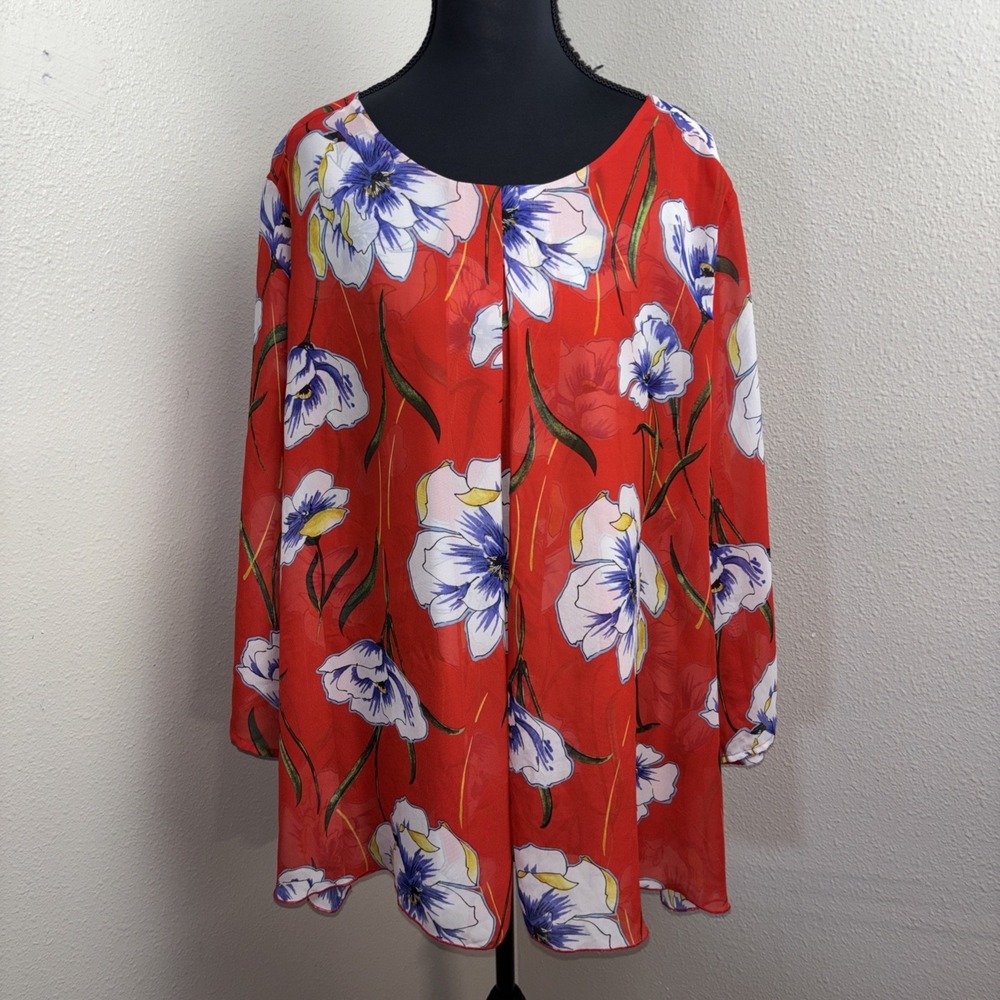 Cocomo Blouse Women 3X Colorful Floral Sheer Layered Look Lined Stretch Office